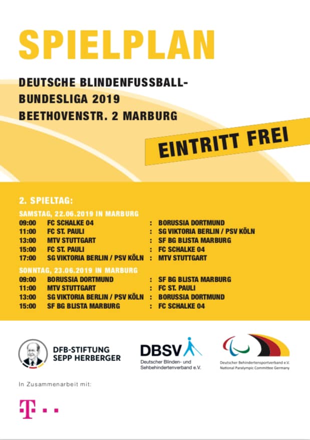 Der Spielplan vom Wochenende in Marburg in der Übersicht. Rechte: DBS, DFB-Stiftung Sepp Herberger und Deutscher Blinden- und Sehbehindertenverein